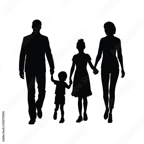 Family Stroll Silhouette: A serene family of four walks hand-in-hand, their silhouettes creating a simple yet evocative representation of unity and togetherness.