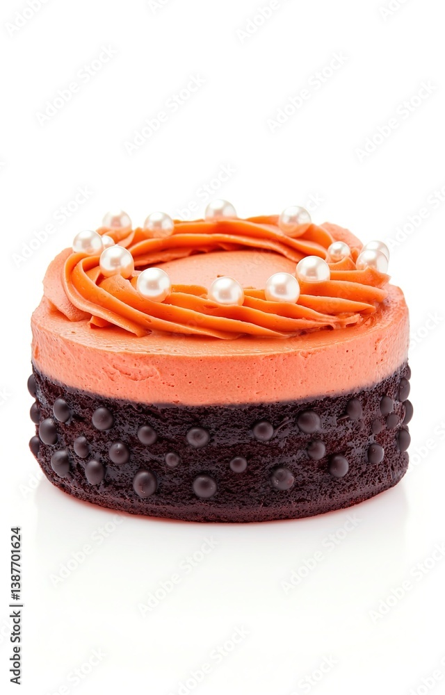 Isolated on white background, gourmet chocolate mousse cake fancy topped with a caramel swirl