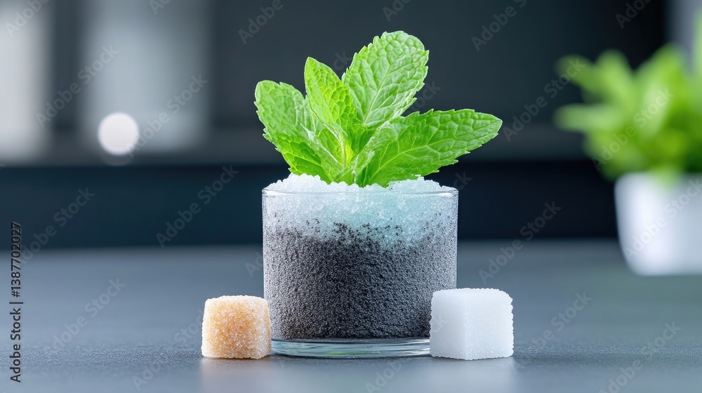 Refreshing drink garnished with mint leaves and sugar cubes. A glass of cold beverage, likely a cocktail or mocktail, topped with fresh mint and ice. Two sugar cubes are visible beside the drink Refreshing drink garnished with mint leaves and sugar cubes. A glass of cold beverage, likely a cocktail or mocktail, topped with fresh mint and ice. Two sugar cubes are visible beside the drink