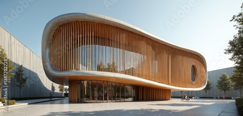 Fototapeta Naklejka Na Ścianę i Meble -  Modern building with curved wooden facade in Milan Italy. Exterior of contemporary architecture design, glass windows. Innovation center, office space for corporate business. Sunlight, daytime