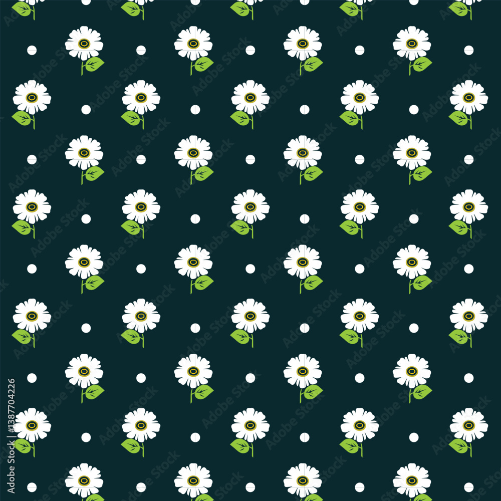 Cute floral seamless pattern. Repeated small white flowers and green leaves on green background. Cute floral seamless pattern. Repeated small white flowers and green leaves on green background.