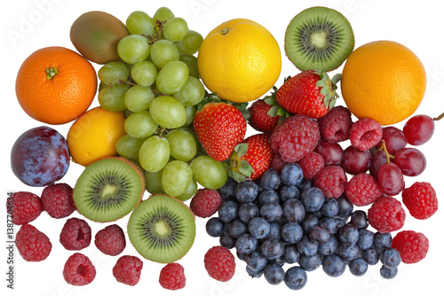 Fototapeta Naklejka Na Ścianę i Meble -  A visually appealing flat lay of mixed healthy fruits and berries, featuring strawberries, raspberries, kiwis, plums, apples, oranges, blueberries