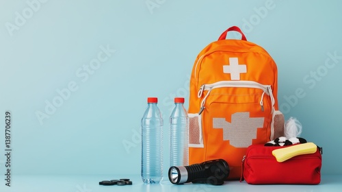 Emergency survival backpack kit with essential supplies including water, flashlight, first aid, and food for disaster preparedness and personal safety planning