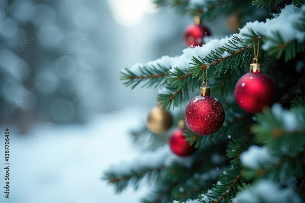 Evergreen branch with Christmas ornaments on snow, greenery, frozen forest, snowy background Evergreen branch with Christmas ornaments on snow, greenery, frozen forest, snowy background