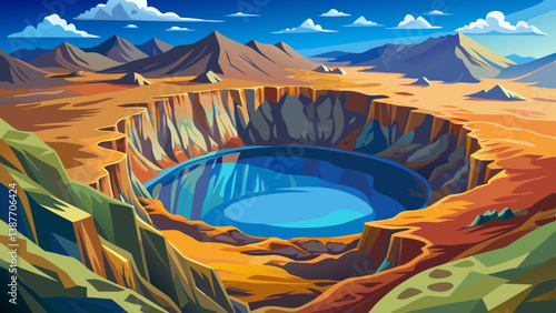 Volcanic crater lake surrounded by bare rock walls