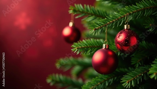 Evergreen branch with bright red glass ornaments and greenery, holiday, bright