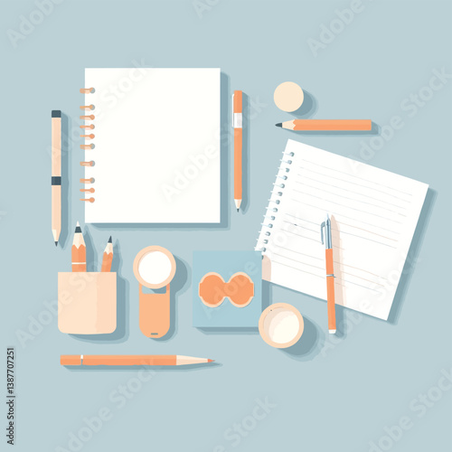 Flat Lay of Stationery and Office Supplies on a Light Blue Surface