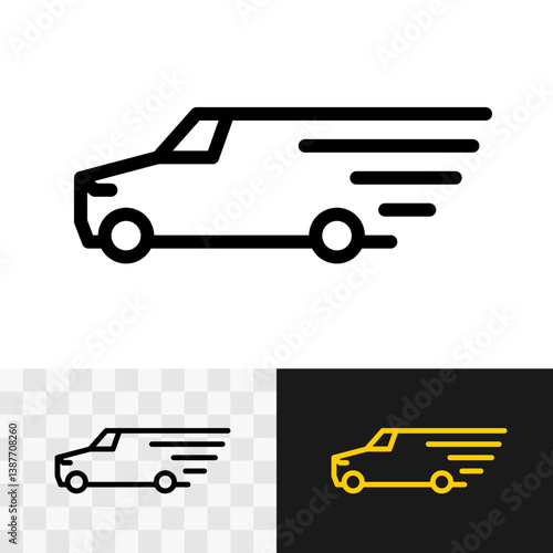 Fast moving shipping delivery service van car black line icon with parallel dynamic lines. Editable stroke.