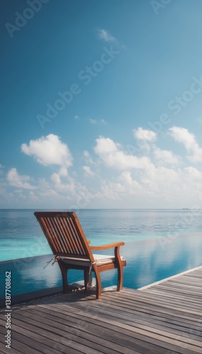 Cozy wooden deckchair by infinity pool overlooking the endless ocean under a tranquil blue sky