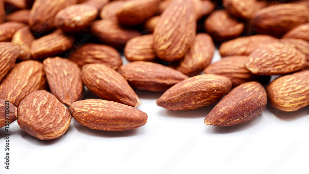 Close-up image of almonds on a clean white background. Highlighting their natural brown tones and smooth, oval shapes Close-up image of almonds on a clean white background. Highlighting their natural brown tones and smooth, oval shapes