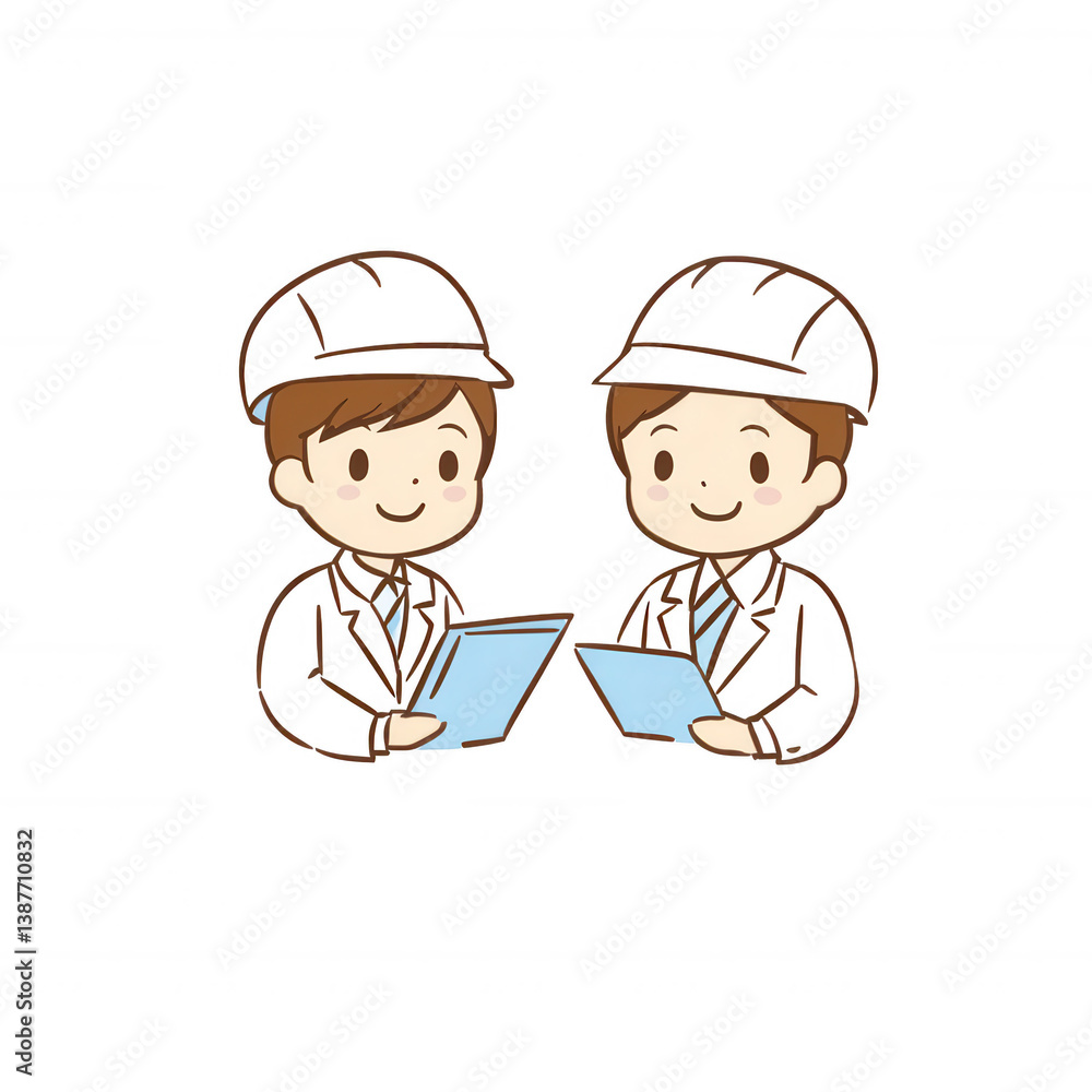 Two cartoon characters in suits and hats, discussing with documents in hand, friendly and professional demeanor, white isolate background. Two cartoon characters in suits and hats, discussing with documents in hand, friendly and professional demeanor, white isolate background.