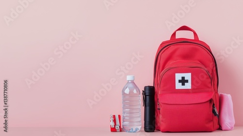 Emergency survival backpack kit with essential supplies including water, flashlight, first aid, and food for disaster preparedness and personal safety planning