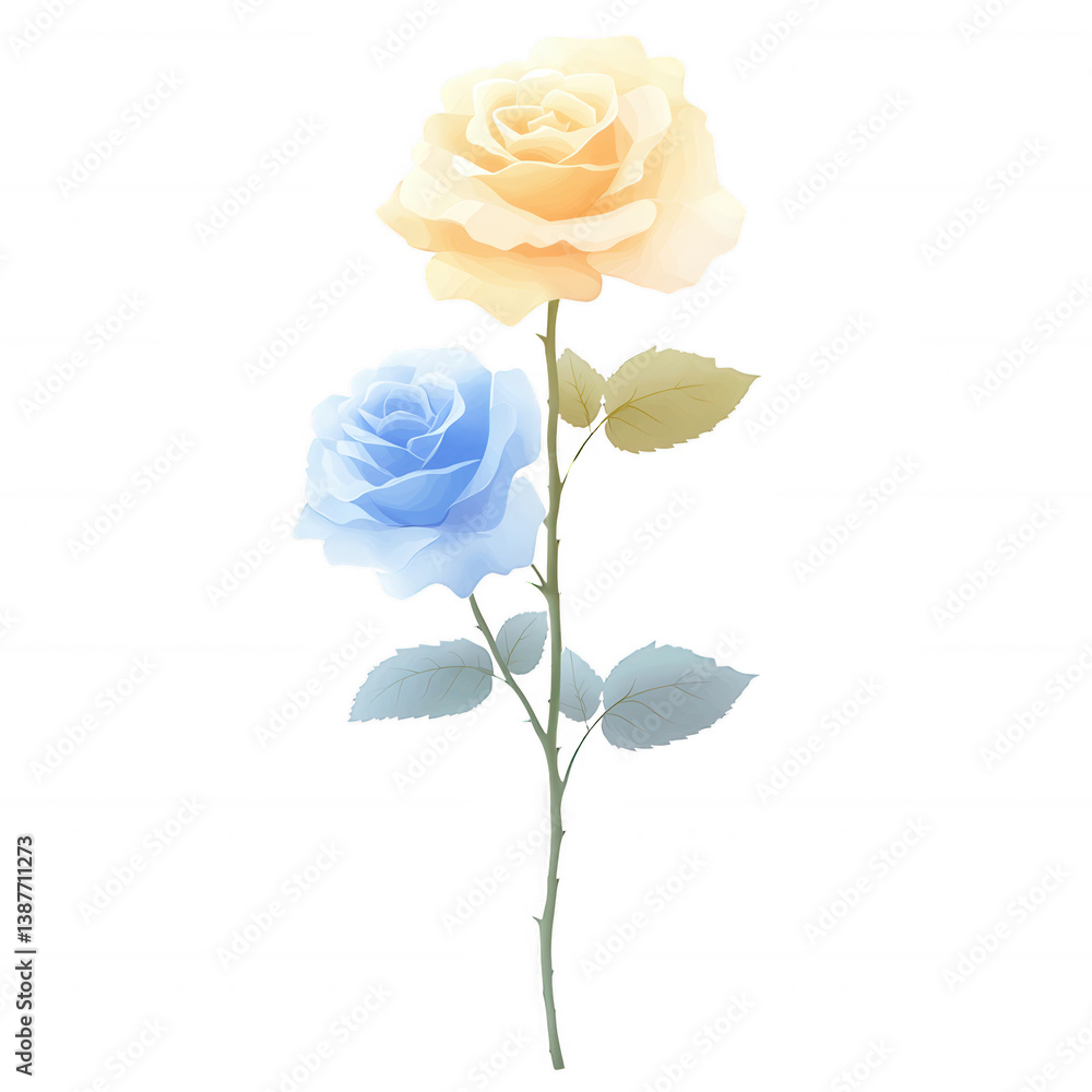 Obraz premium Two elegant roses, one soft yellow and one gentle blue, standing together on a delicate stem. Ideal for floral arrangements and design projects.