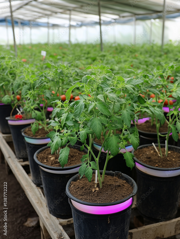 Greenhouse Full of Potted Cherry Tomatoes with LED Panel Lights Greenhouse Full of Potted Cherry Tomatoes with LED Panel Lights