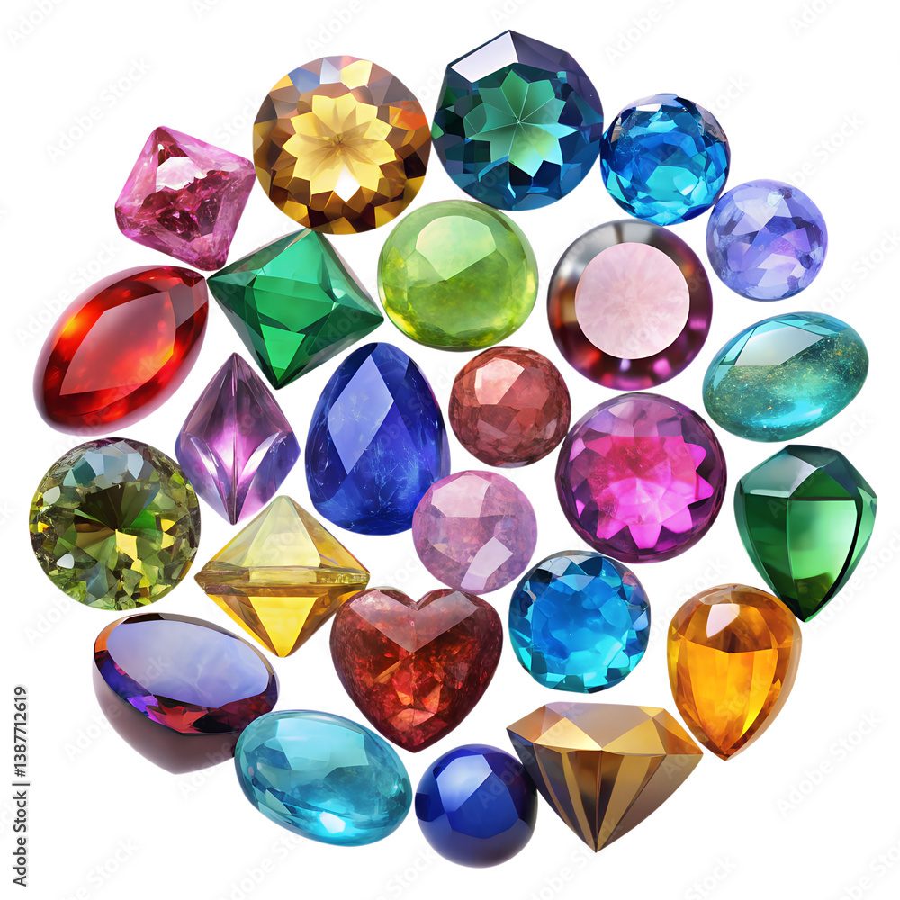 Fototapeta premium A dazzling array of vibrant gemstones, a kaleidoscope of colors and cuts, showcasing nature's radiant artistry in a brilliant, sparkling cluster.