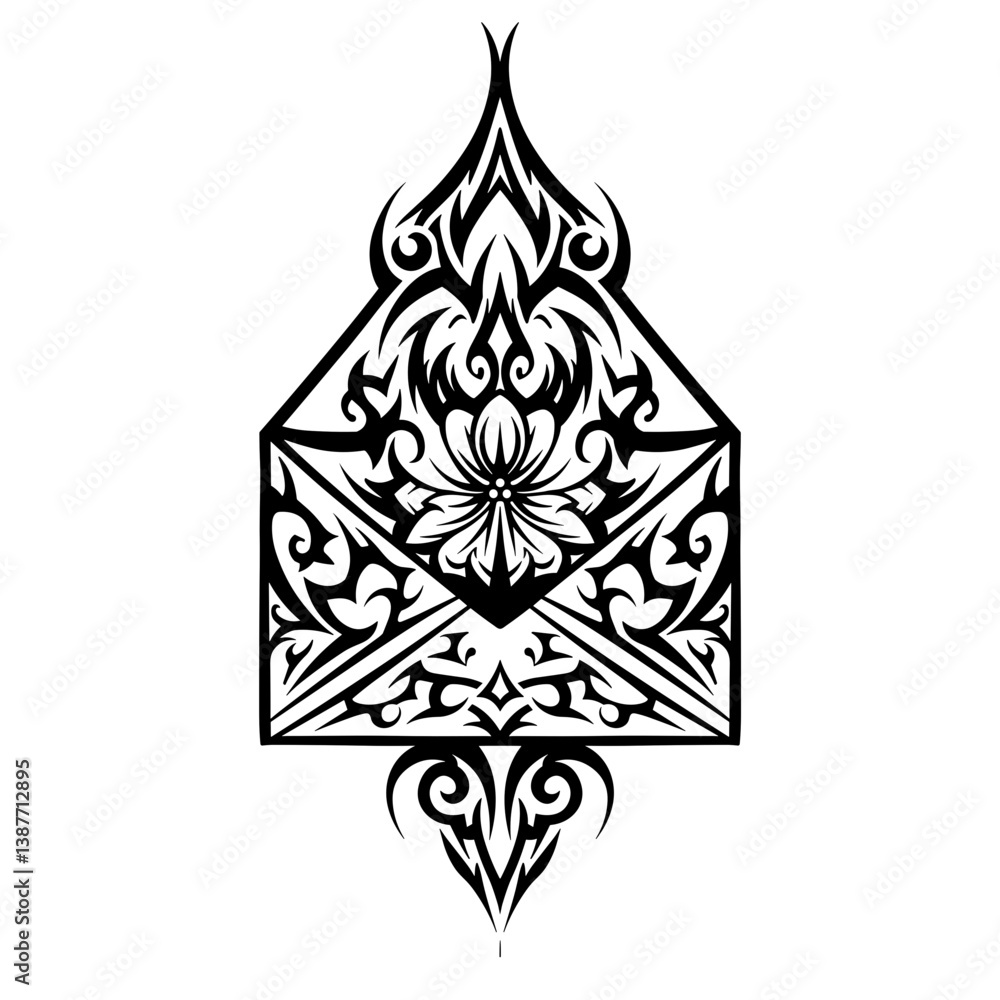Obraz premium Ornate Envelope with Tribal Floral Pattern in Black and White Representing Mail or Decorative Art with copy space
