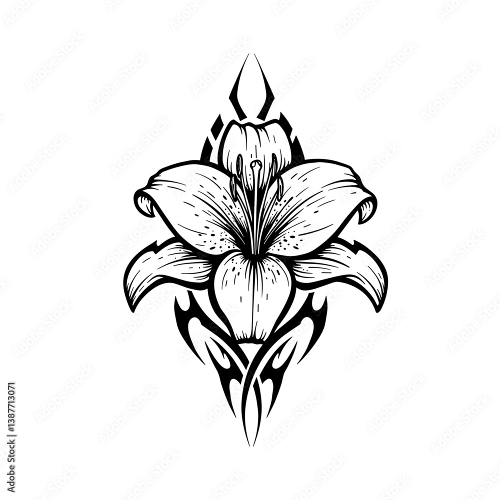 Fototapeta premium Black and White Lily Tattoo Design with Floral Elements 
