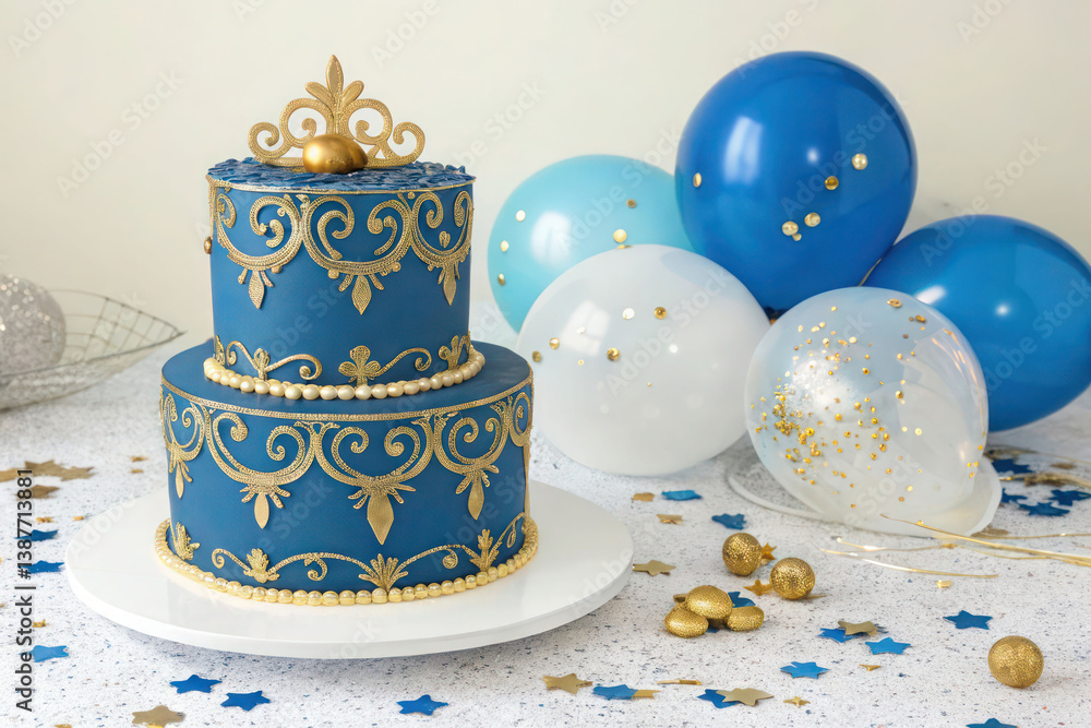 A sophisticated royal blue and gold cake, surrounded by matching balloons and confetti, perfect for milestone birthdays. A sophisticated royal blue and gold cake, surrounded by matching balloons and confetti, perfect for milestone birthdays.