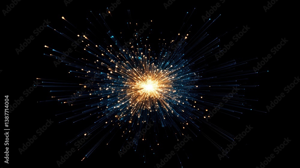 Obraz premium Abstract burst of light, gold and blue sparks on black background.