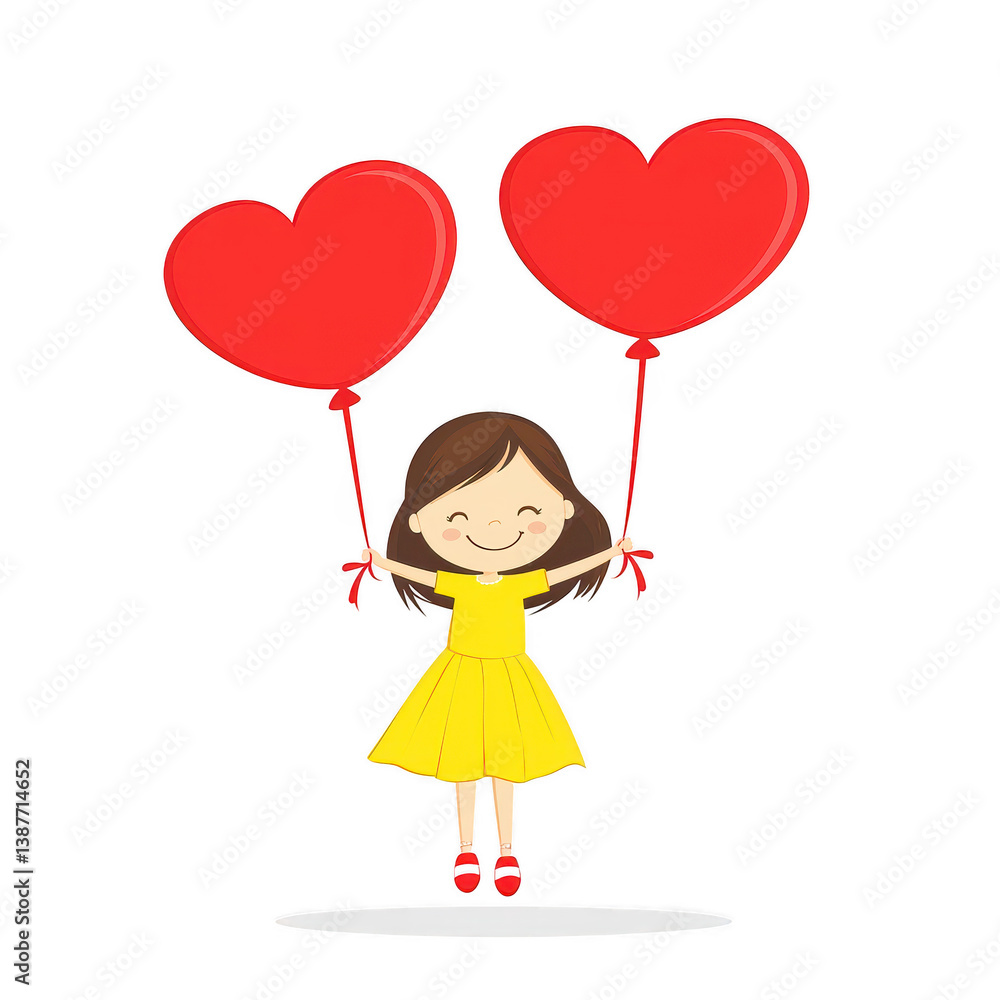 A cheerful girl in a yellow dress holds two red heart-shaped balloons, spreading joy and positivity. Perfect for themes of love, celebration, and happiness. A cheerful girl in a yellow dress holds two red heart-shaped balloons, spreading joy and positivity. Perfect for themes of love, celebration, and happiness.
