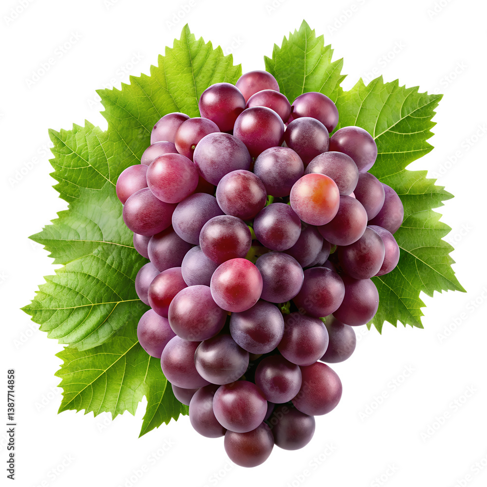 Fototapeta premium A luscious cluster of ripe red grapes, plump and juicy, nestled amongst vibrant green leaves, a burst of freshness against a pristine white background.
