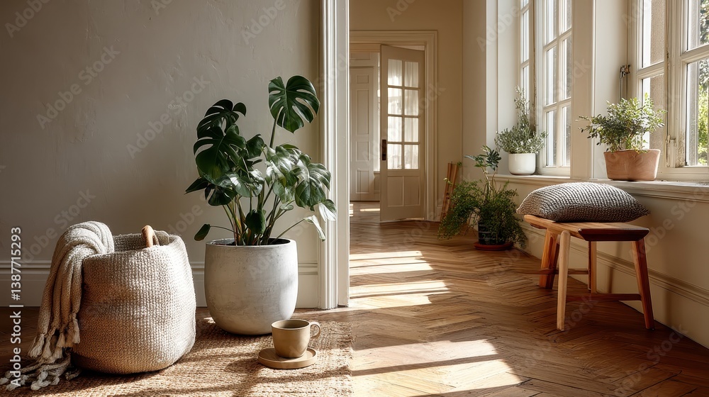 An inviting room filled with natural light, featuring potted greenery, soft textures, and warm wood elements, creating a perfect blend of comfort and style in interior design. An inviting room filled with natural light, featuring potted greenery, soft textures, and warm wood elements, creating a perfect blend of comfort and style in interior design.