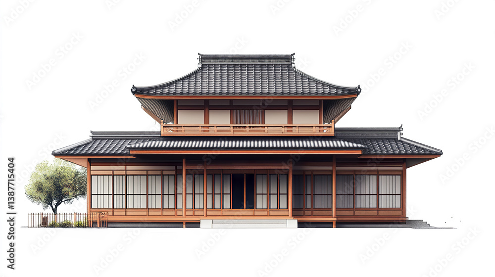 Fototapeta premium Traditional Japanese house with wooden structure and tiled roof