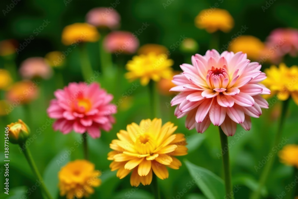 Pink and yellow Gerbera flowers in a garden with green grass, yellow, garden, foliage Pink and yellow Gerbera flowers in a garden with green grass, yellow, garden, foliage