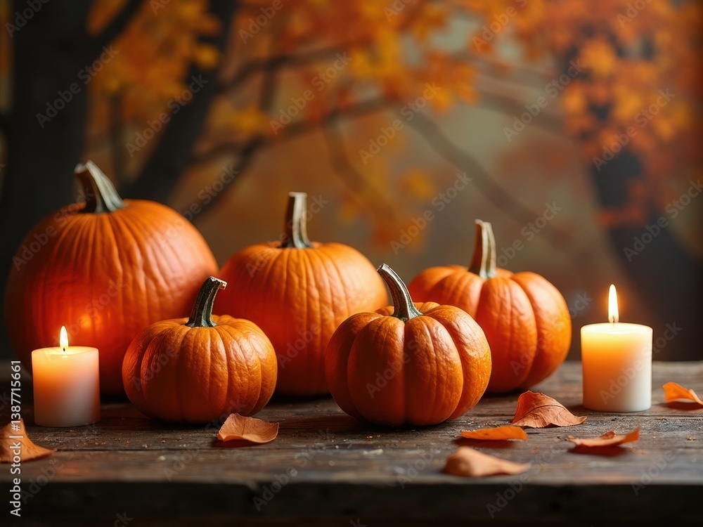 Table with a candle and four pumpkins. The pumpkins are orange and arranged in a row Table with a candle and four pumpkins. The pumpkins are orange and arranged in a row
