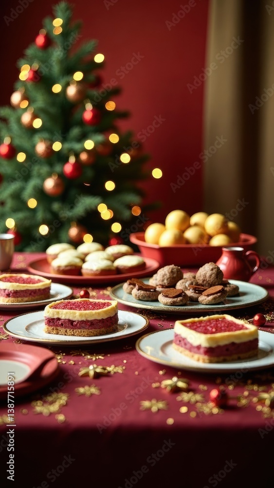 Table with a Christmas tree in the background and a variety of desserts on plates. The desserts include cakes, cookies, and other sweet treats Table with a Christmas tree in the background and a variety of desserts on plates. The desserts include cakes, cookies, and other sweet treats