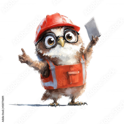 A cute owl wearing a construction helmet and safety vest, holding a clipboard, showcasing a whimsical take on construction themes in a playful manner.