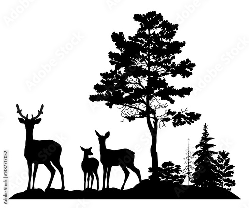 Forest landscape with animal silhouettes. Vector illustration.	
