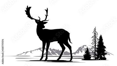 Forest landscape with animal silhouettes. Vector illustration.	
