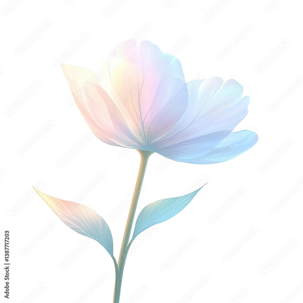 A delicate, pastel-colored flower with soft petals and green leaves, isolated on a white background. Perfect for use in floral designs, invitations, or nature-themed projects. A delicate, pastel-colored flower with soft petals and green leaves, isolated on a white background. Perfect for use in floral designs, invitations, or nature-themed projects.