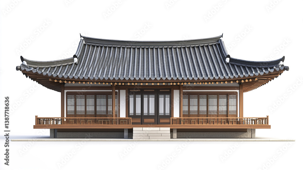 Fototapeta premium Traditional Korean house with wooden details and curved roof on white background
