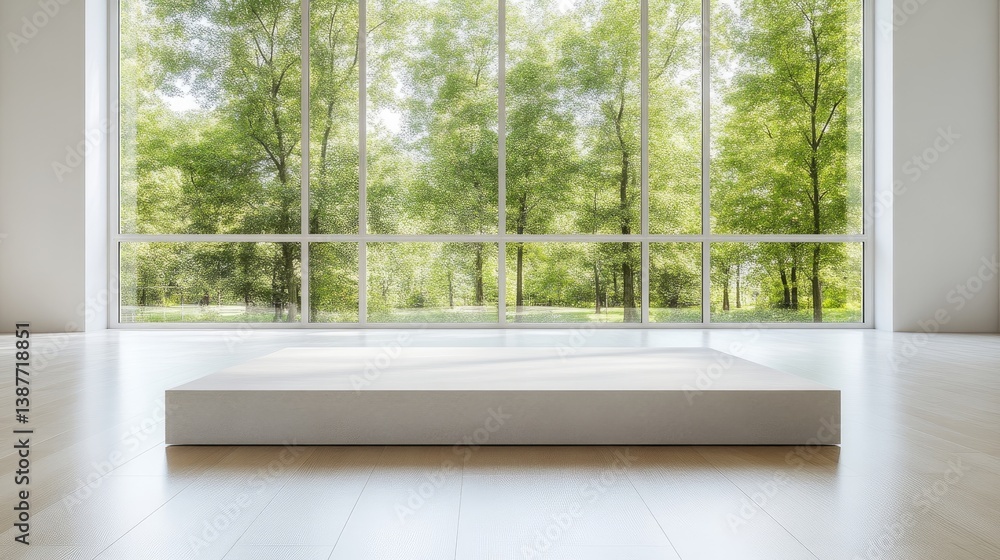 Modern exhibit space with large windows overlooking a forest Modern exhibit space with large windows overlooking a forest