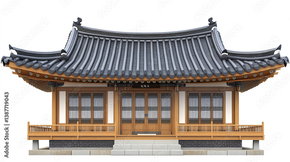 Obraz premium Traditional Korean house with wooden structure and tiled roof on white background