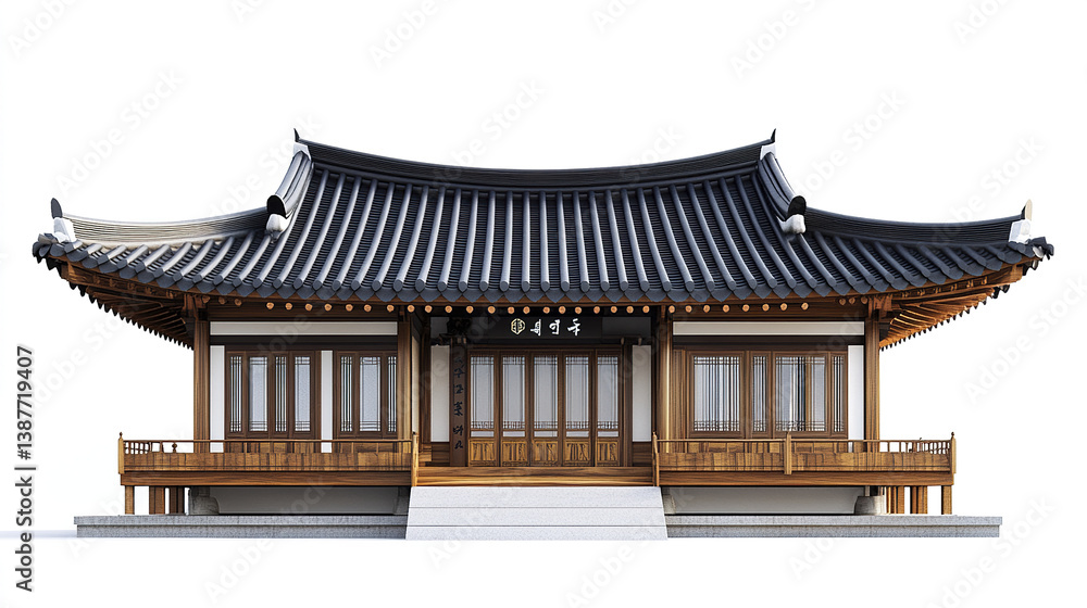 Traditional Korean house with wooden structure and curved roof Traditional Korean house with wooden structure and curved roof