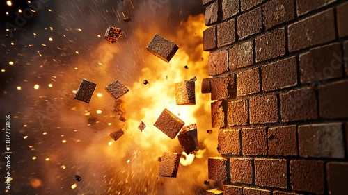 Powerful impact brick wall explosion in slow motion, destruction concept