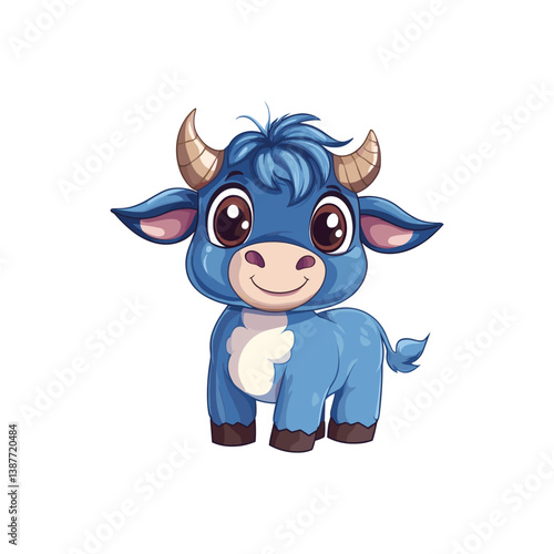 Cute Blue Cartoon Cow Vector Illustration. Cute blue cartoon cow with big eyes and adorable expression standing against a plain background. The illustration is colorful, charming, and playful, perfect