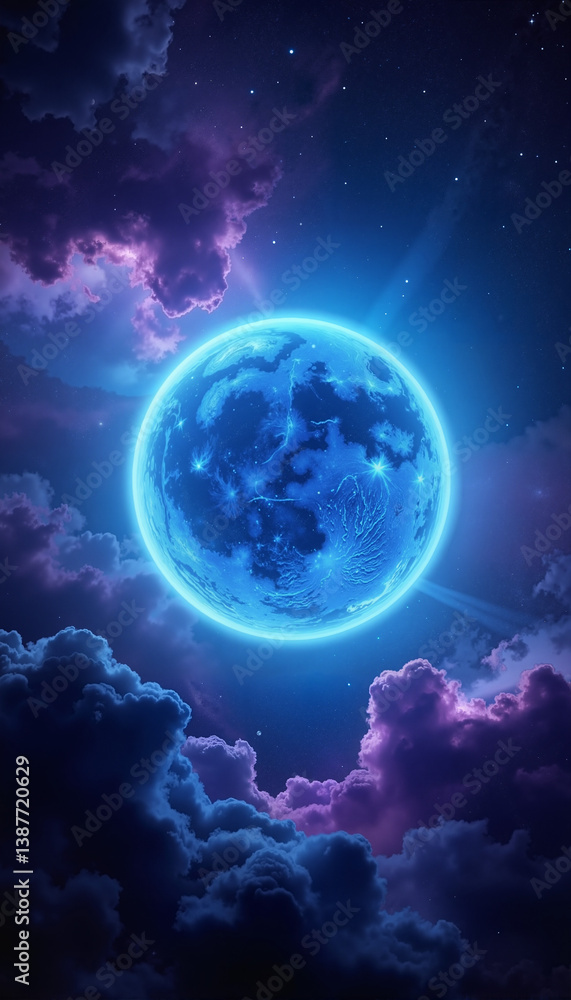 Fototapeta premium Glowing blue planet in space with purple clouds and stars 