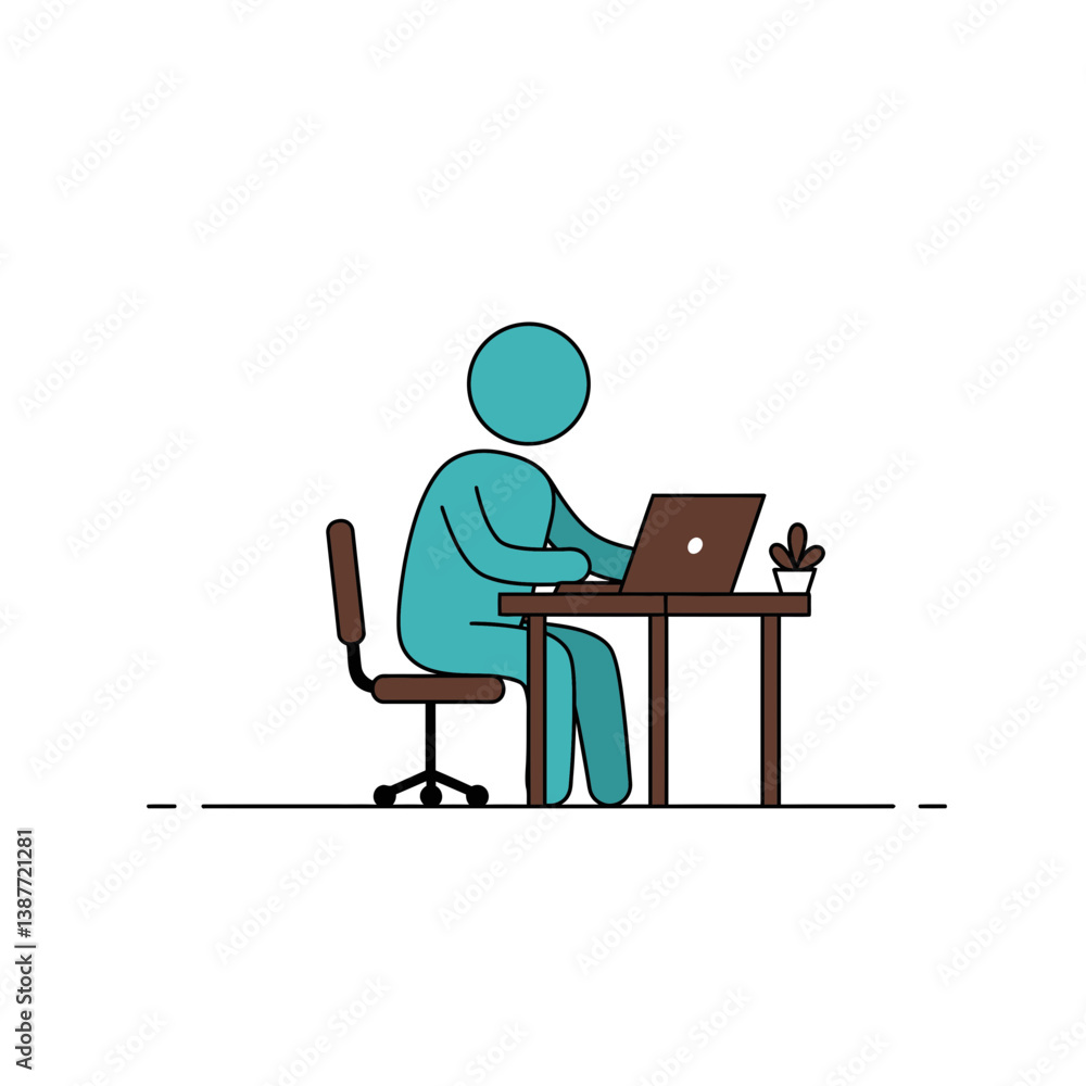 Fototapeta premium Remote Work Illustration - Blue Stick Figure at Computer