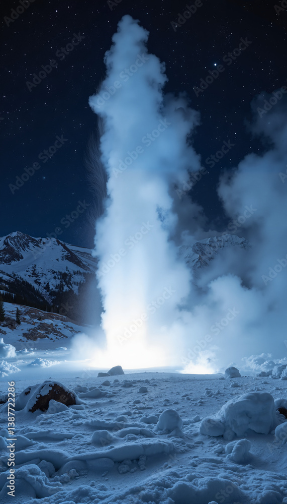 Steaming geyser erupting at night in snowy mountain landscape
Steaming geyser erupting at night in snowy mountain landscape