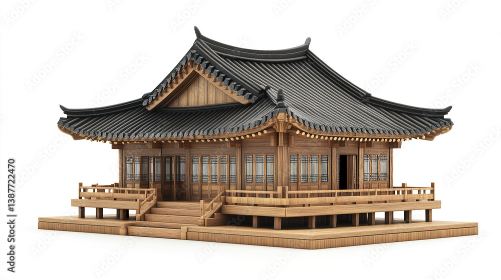 Traditional Korean house with wooden architecture and curved roof Traditional Korean house with wooden architecture and curved roof