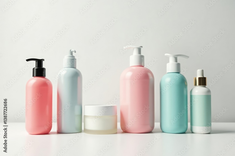 Set of various skincare bottles on white backdrop, product photography, modern design Set of various skincare bottles on white backdrop, product photography, modern design