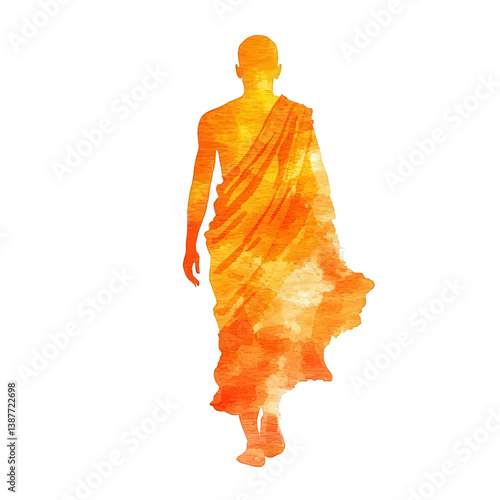 A watercolor silhouette of a monk in traditional robes, walking gracefully. The vibrant orange tones convey peace and spirituality, set against a white background.