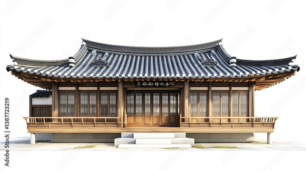 Fototapeta premium Traditional Korean house with wooden details and curved roof on white background