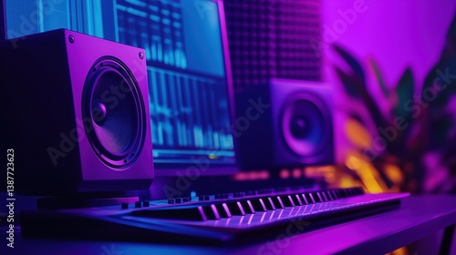 High-tech home music studio setup with speakers and digital interface in moody lighting. Perfect for tech, audio, and creative industries.