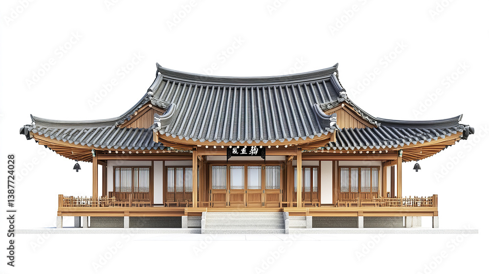 Obraz premium Traditional Korean house with wooden structure and curved roof