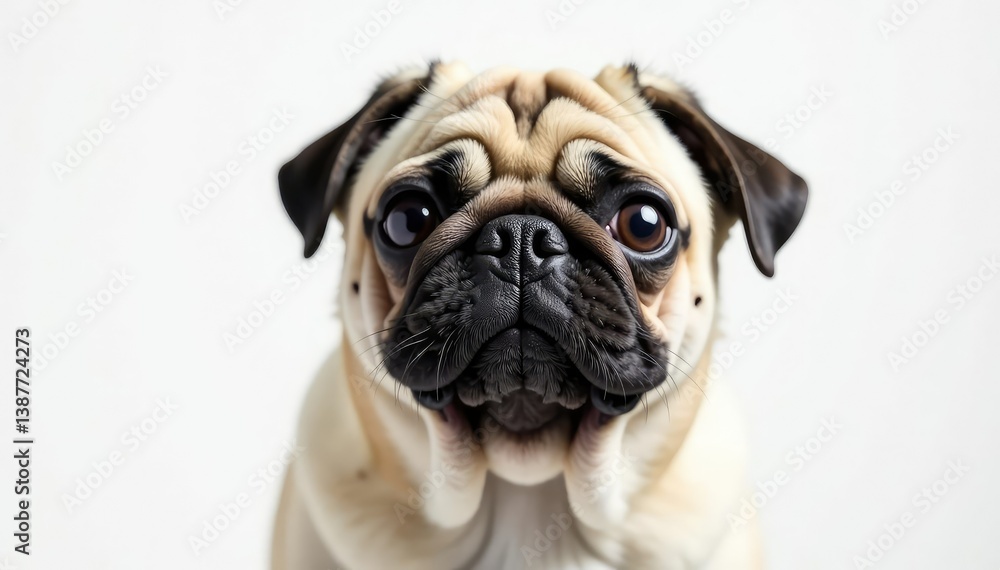 Single pug against bright white backdrop Focus on expressive face , animal, image Single pug against bright white backdrop Focus on expressive face , animal, image